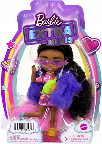 BARBIE EXTRA MINIS LALKA W FIOLETOWYM FU - widok 2 opakowania szczegoly zabawka kolekcja
